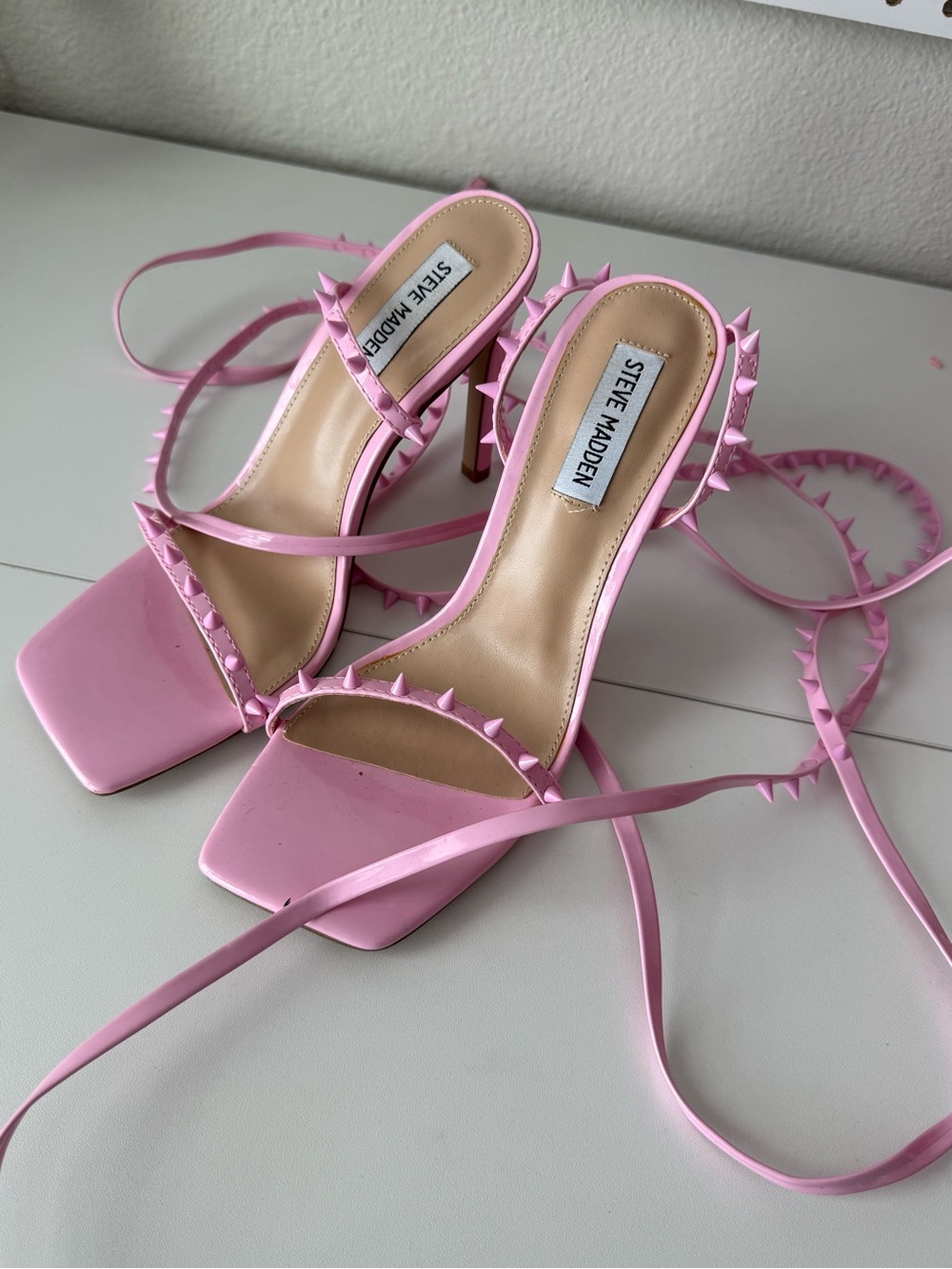 Steve Madden Uplift Pink Spiked Lace Up Stiletto Sandals Square Toe Heels 8M - Picture 2 of 4